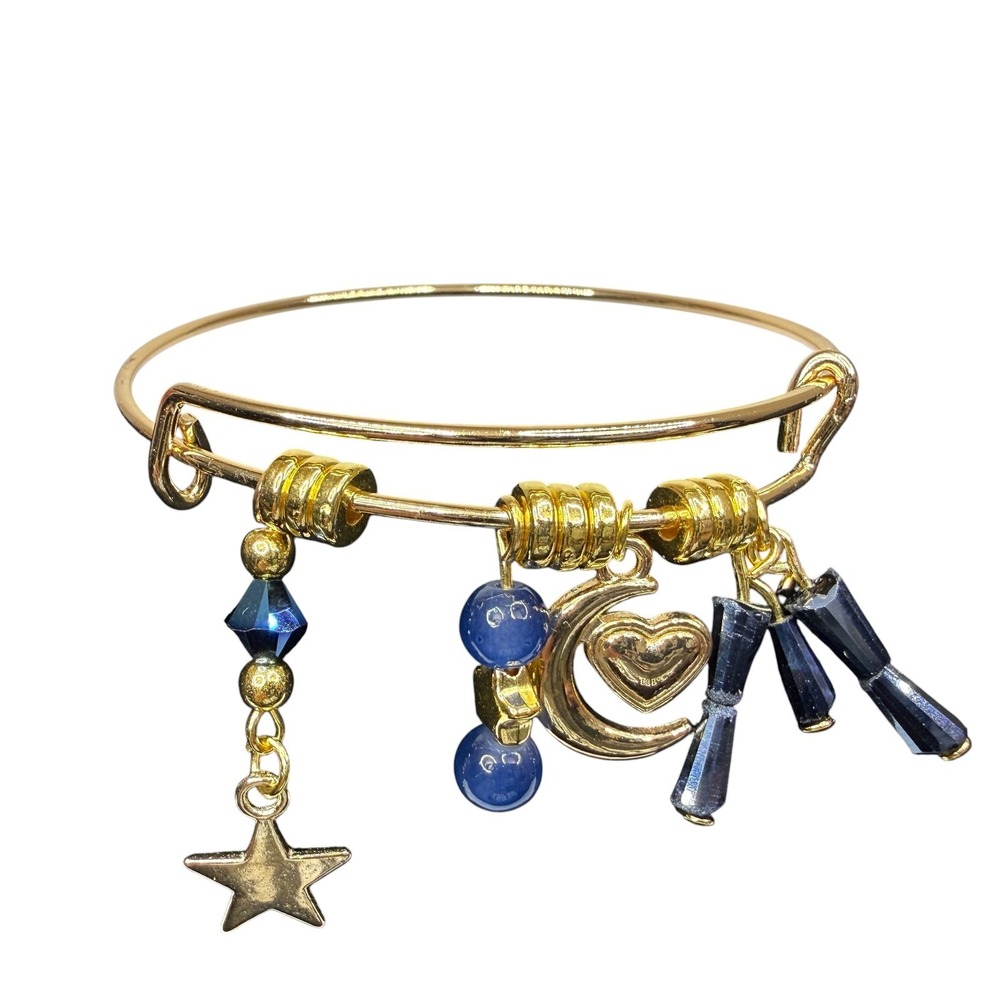 Gold Tone Bangle Bracelet with Celestial Star Moon Heart & Blue Glass Bead Charm